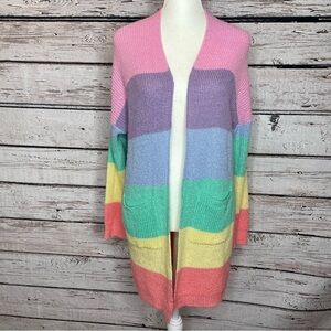 Debut Pastel Rainbow Knit Cardigan Sweater Open Front Small/Medium Pockets